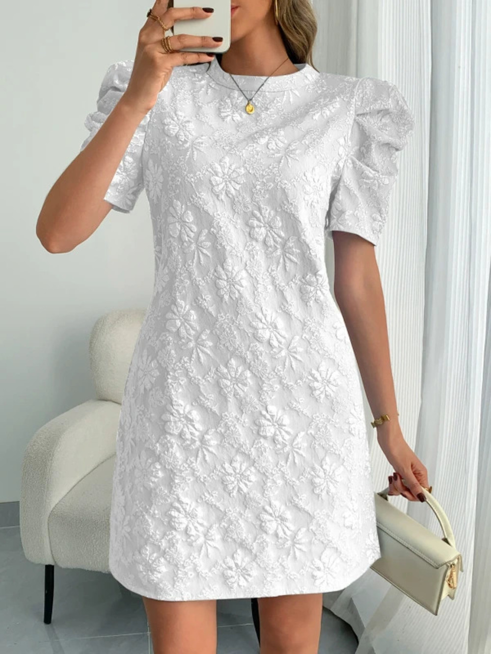 Summer Womens Retro Bubble Sleeve Textured Jacquard Round Neck Dress In Stock